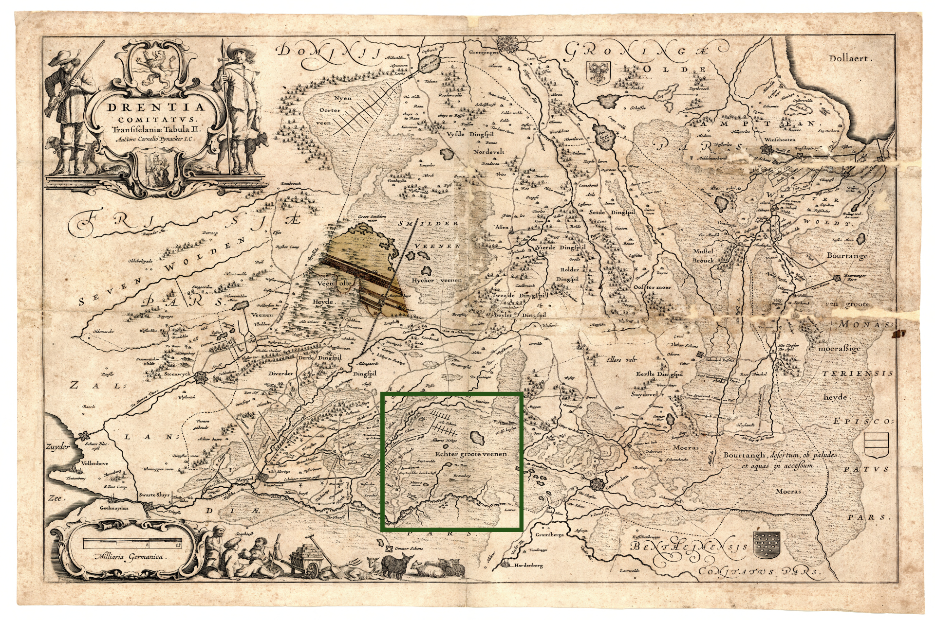 Begin vervening in 1632. In de rechthoek ligt Het Hollandsche Veld. De eerste 'ontginningsvorkjes' zijn het begin van Hoogeveen.