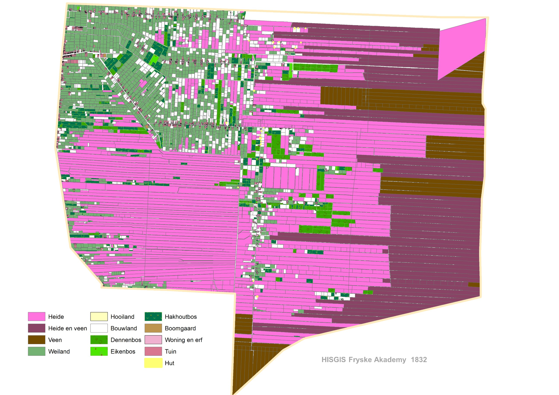 Kaart van 1832 uit het door de Fransen ingestelde kadaster. De vervening is al gevorderd tot Nieuwlande. Er is alleen nog lintbebouwing langs de wijken met kleine bouwlandjes rondom de huizen.