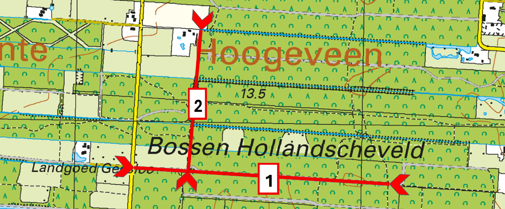 1 is het Dwarsgat met daaraan het onderduikershol en 2 de Calkoenswijk